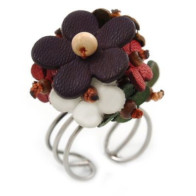 Avalaya 3D Multicoloured Leather Floral Ring With Silver Tone Wire Band - 25mm Diameter - 7/8 Adjustable