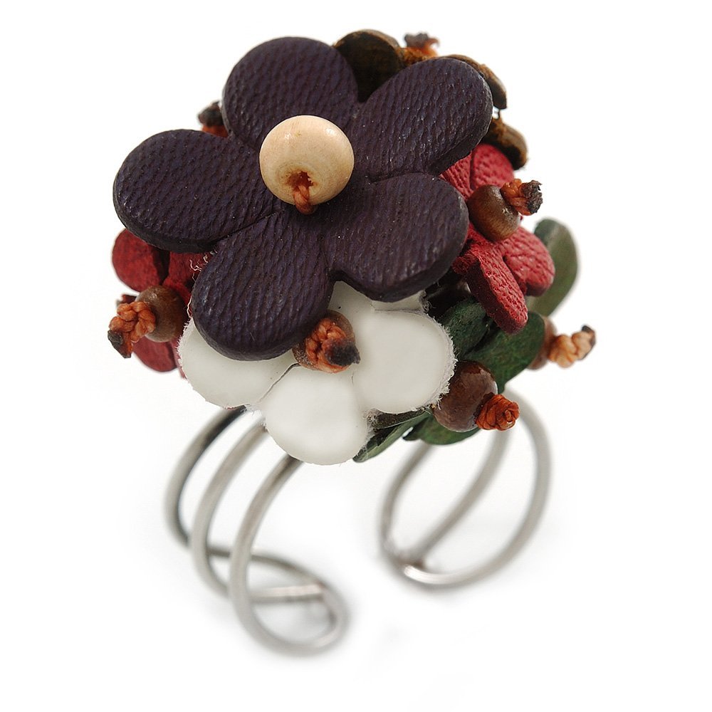 Avalaya 3D Multicoloured Leather Floral Ring With Silver Tone Wire Band - 25mm Diameter - 7/8 Adjustable