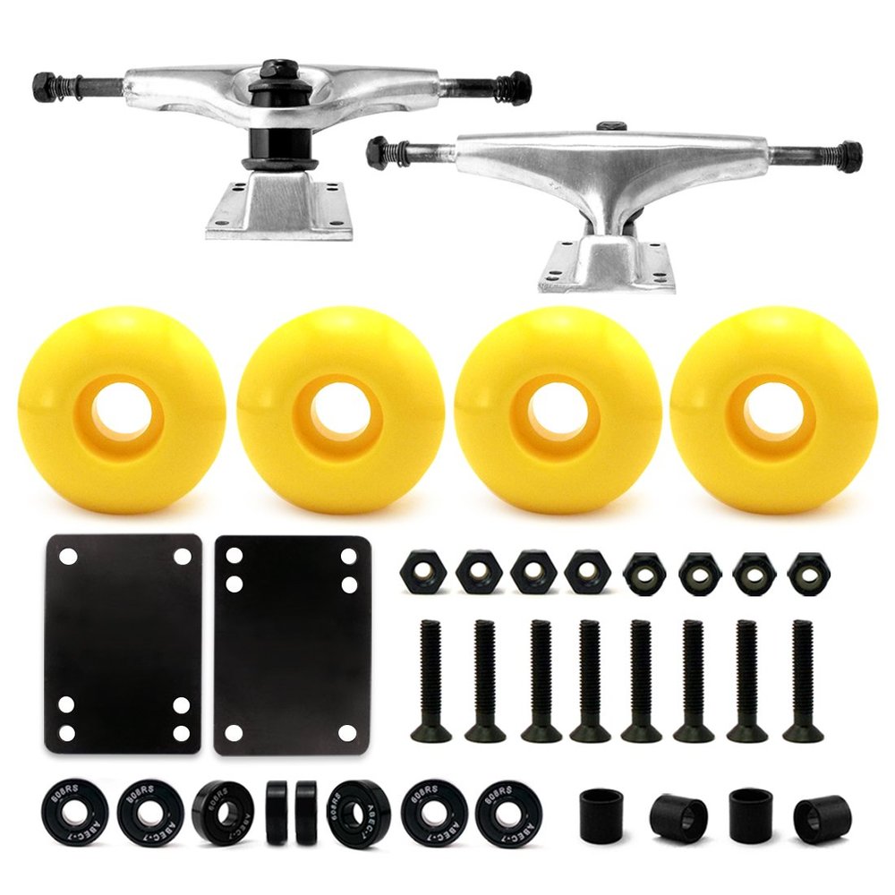 VJ 5.0 Skateboard Trucks (Silver), Skateboard Wheels 52mm, Skateboard Bearings, Skateboard Pads, Skateboard Hardware 1" (52mm Yellow)
