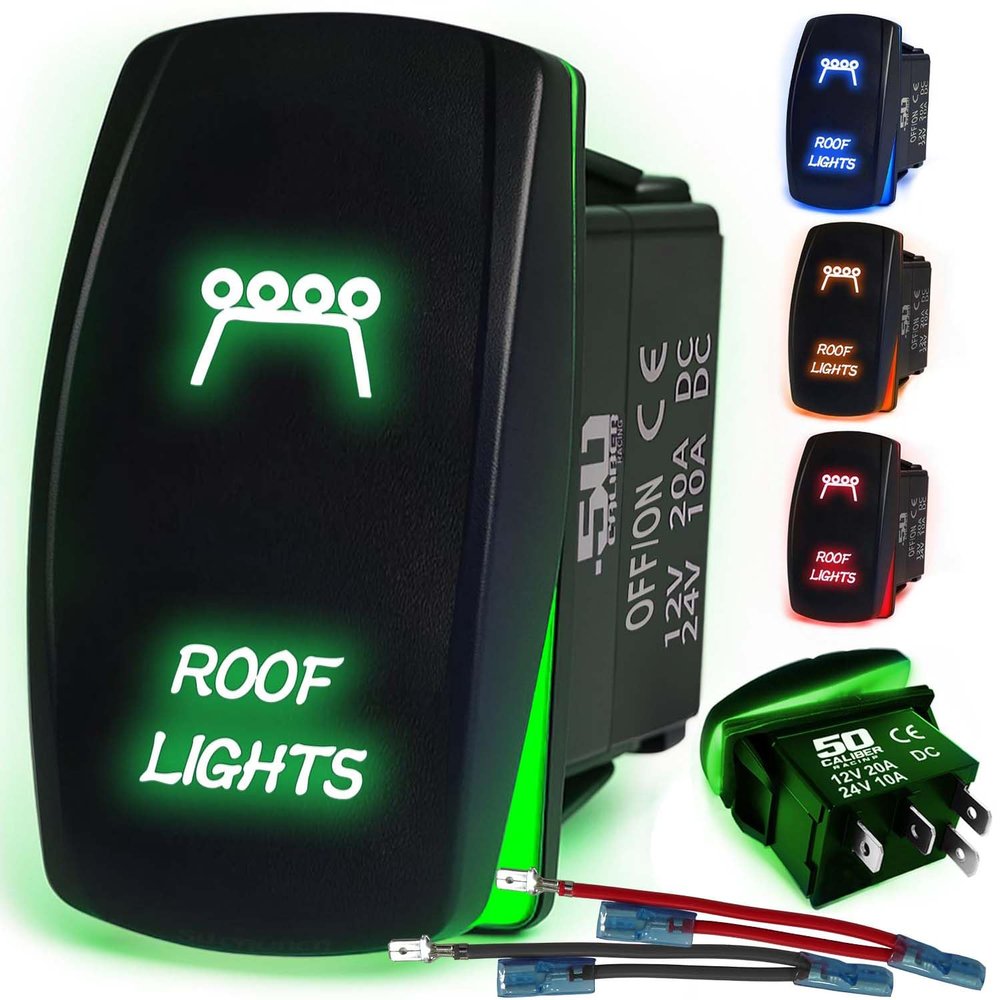 50 Caliber Racing LED Rocker Switch for Roof Lights 12V 20A Toggle Control with Backlight, Waterproof ON/Off Switch for UTV, Boat, ATV, Off-Road & Automotive Use, Green, (5360A24)