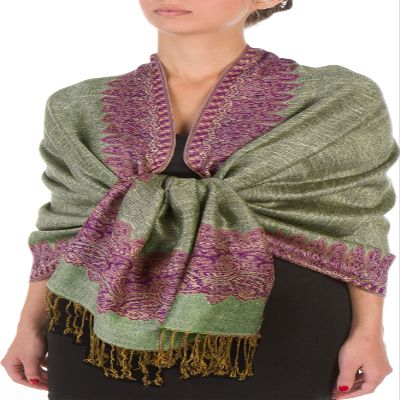 Sakkas Border Pattern Layered Reversible Woven Pashmina Shawl Scarf Wrap Stole - Green Purple