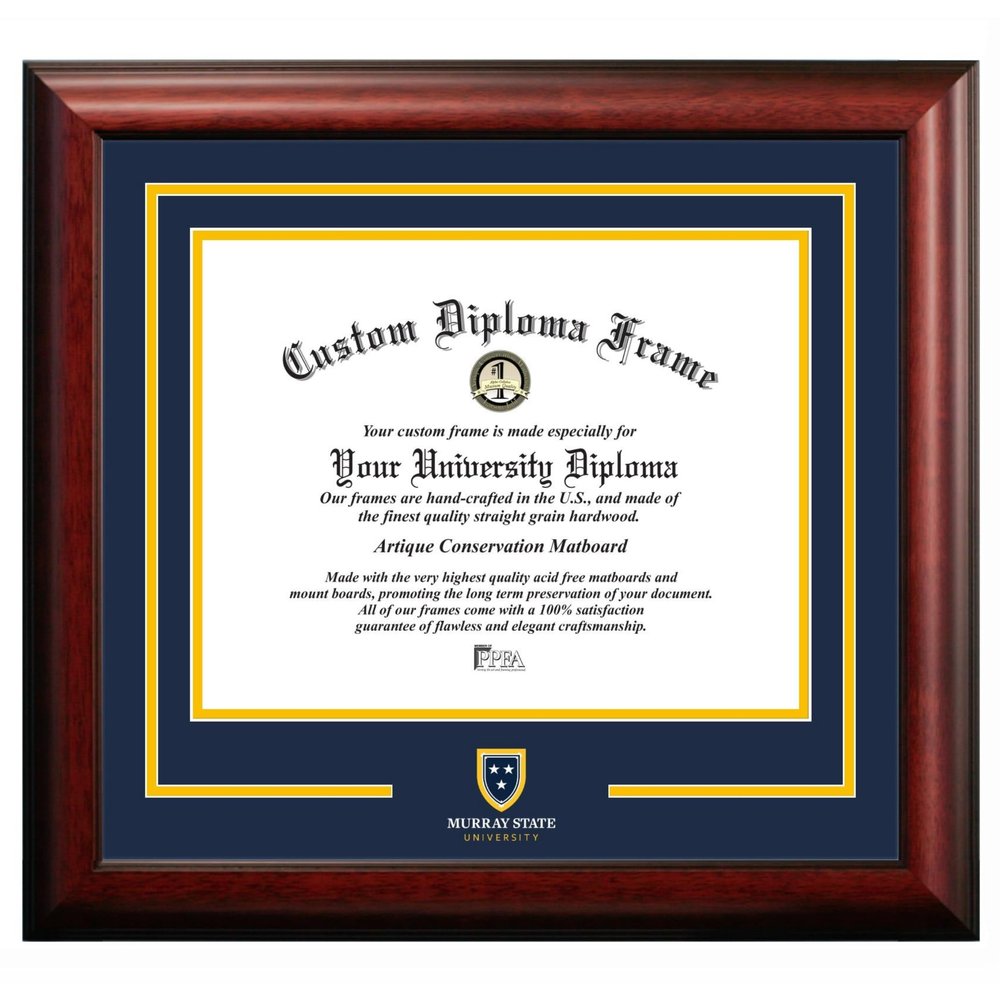 Campus Images Murray State University Diploma Frame 11 x 14  Satin Mahogany with Printed Murray State Racer Logo  Navy & Amber Mats  Official Graduation Certificate Display