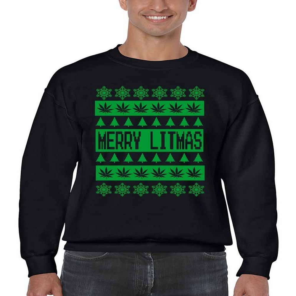 ALLNTRENDS Men's Crewneck Sweatshirt Merry Litmas Ugly Christmas Sweater (XL, Black)