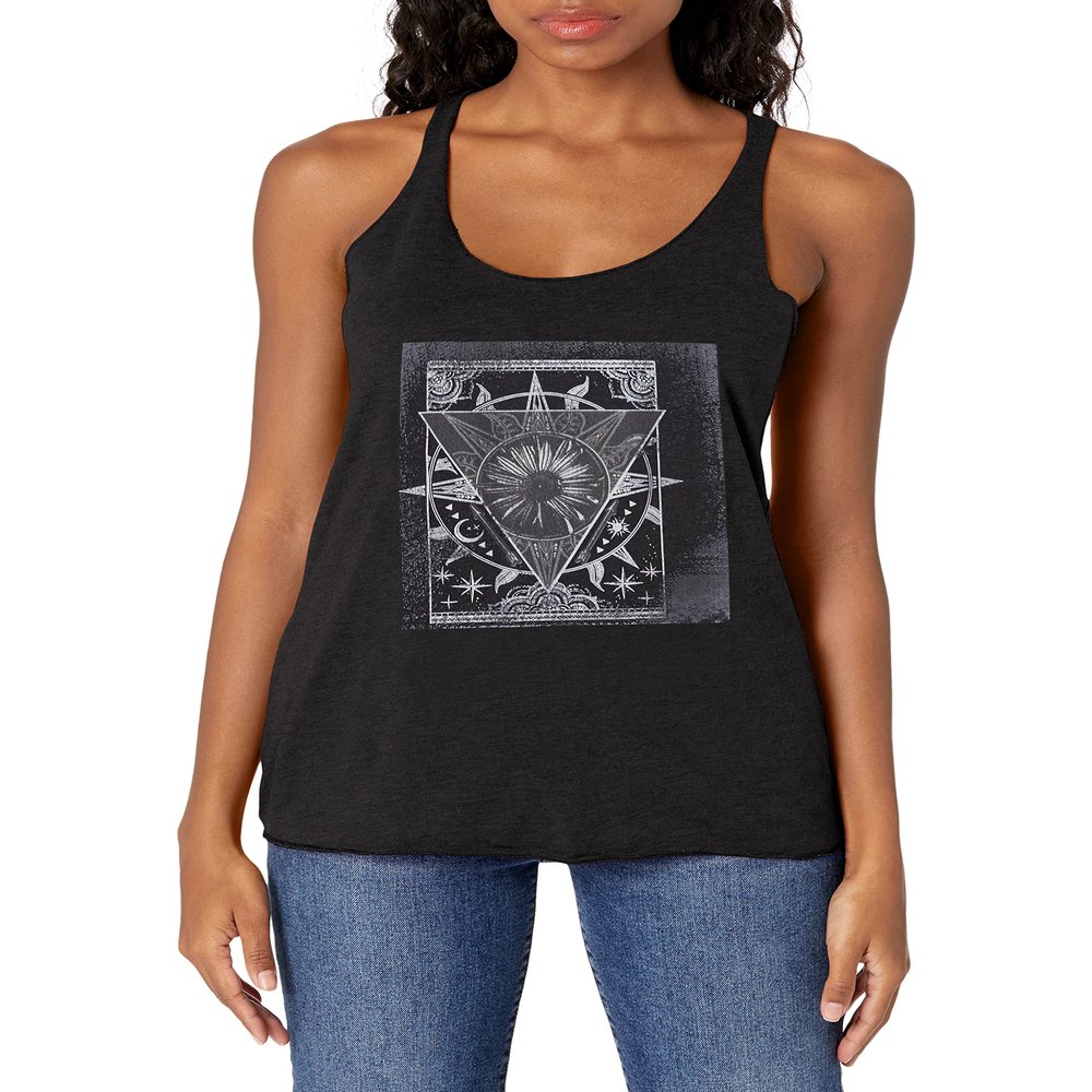 LOST GODS Women's Geometric Celestial Daisy Racerback Tank Top - Black Heather - Small