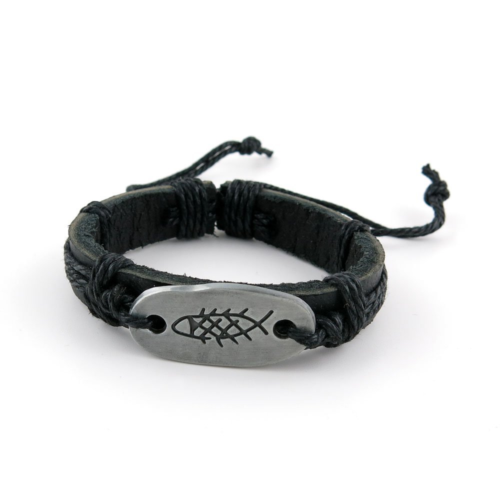 1 PCS Leather Wristband Strand Bracelet Fashion Wrap Bangle Ladies Men Women Jewellery QNW1076B Fish Bone