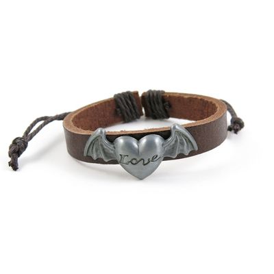 1 PCS Leather Wristband Strand Bracelet Fashion Wrap Bangle Ladies Men Women Jewellery QNW1005 Love Heart Wings