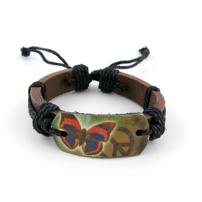 1 PCS Leather Wristband Strand Bracelet Fashion Wrap Bangle Ladies Men Women Jewellery QNW4029 Butterfly Peace Sign