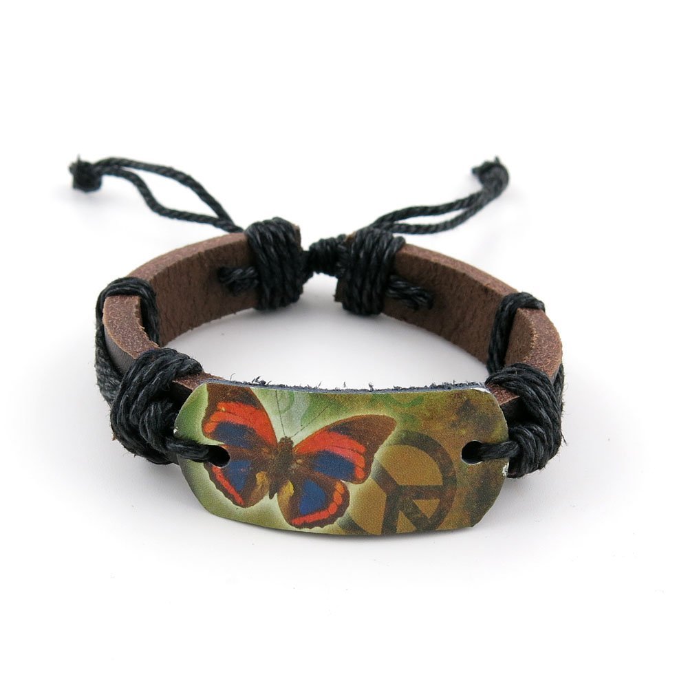 1 PCS Leather Wristband Strand Bracelet Fashion Wrap Bangle Ladies Men Women Jewellery QNW4029 Butterfly Peace Sign