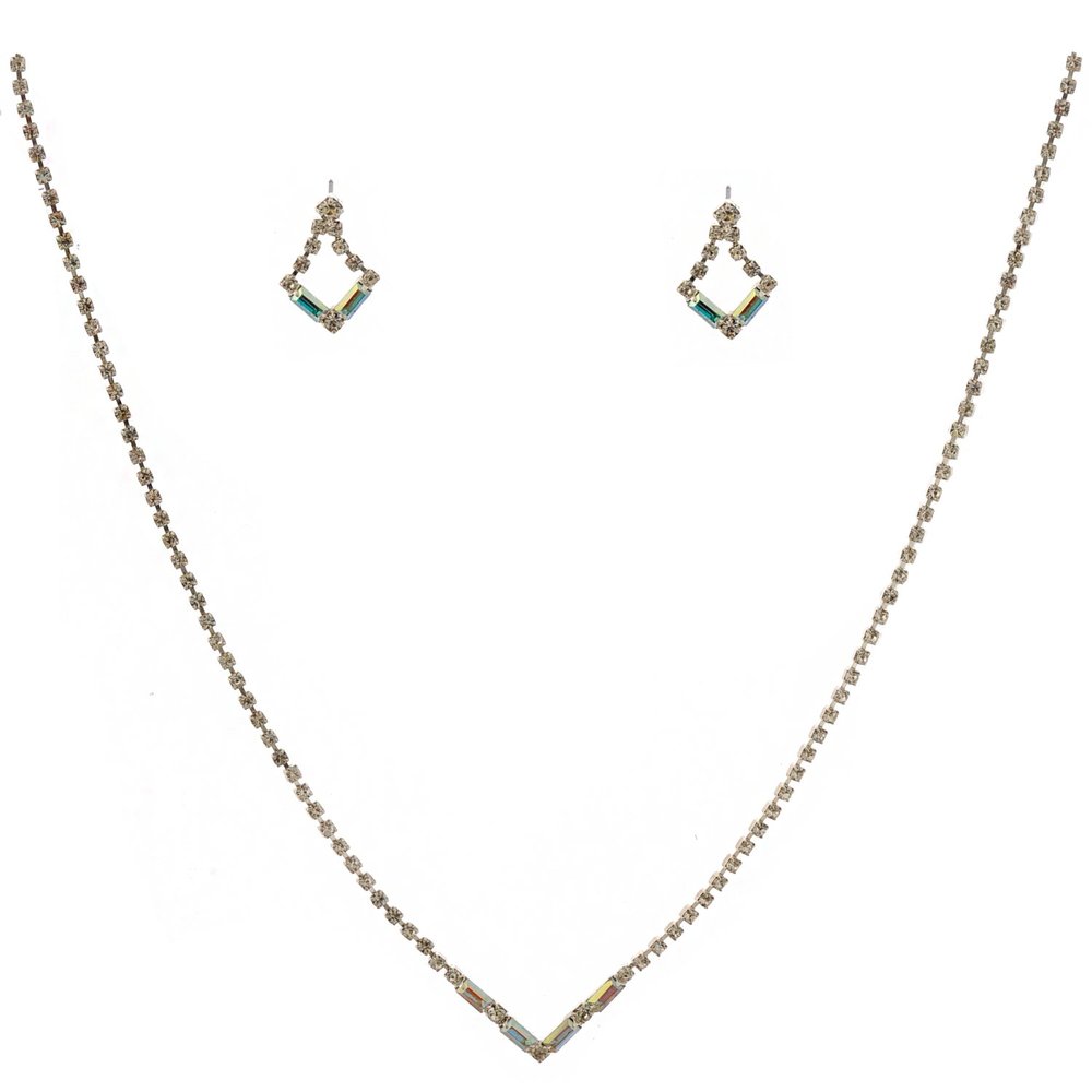 topwholesalejewel Wedding Jewelry Set Aurora Borealis Baguette Necklace Earrings Set