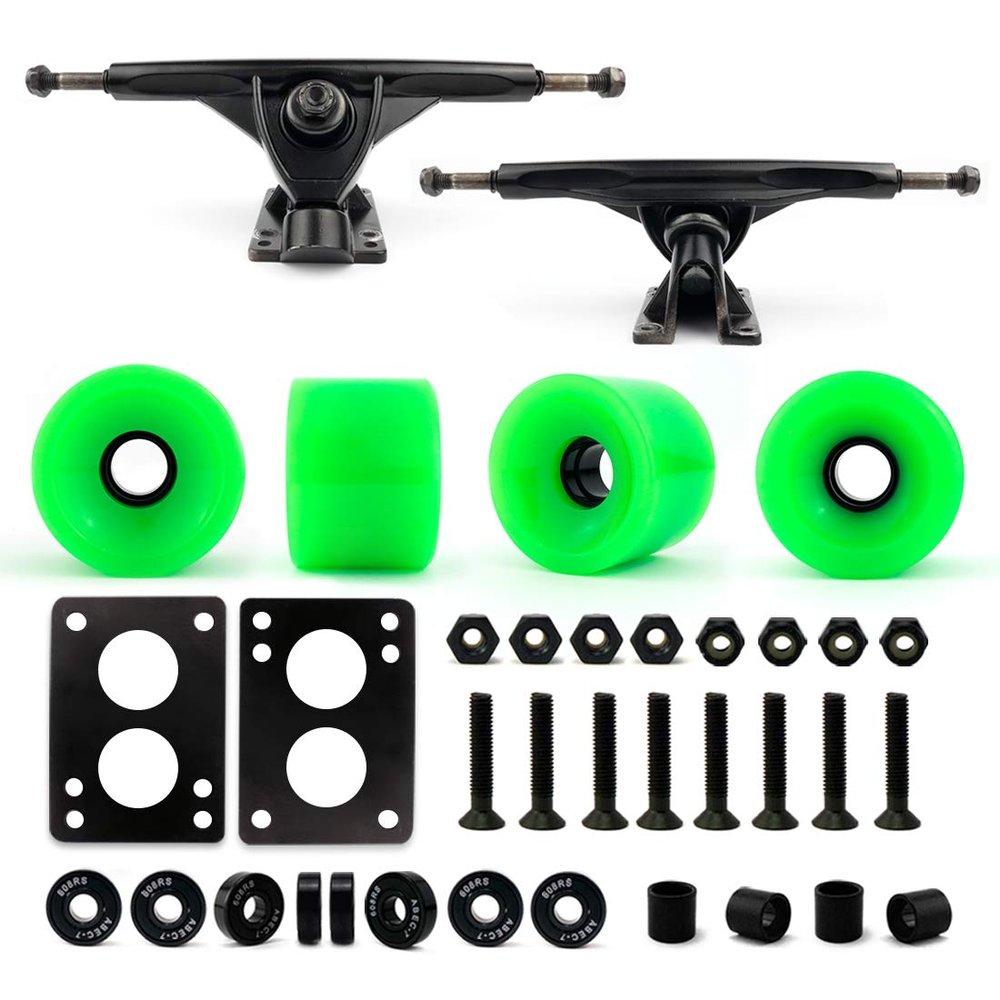 VJ Skateboard Longboard Truck and Wheel, 70mm Long Board Wheels w 7inch 180mm Skateboard Trucks (Black) Longboard Bearings Longboard Hardware Skateboard Riser Pads (Neon Green)