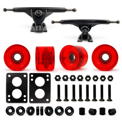 VJ Skateboard Longboard Truck and Wheel, 70mm Long Board Wheels w 7inch 180mm Skateboard Trucks (Black) Longboard Bearings Longboard Hardware Skateboard Riser Pads (Gel Red)