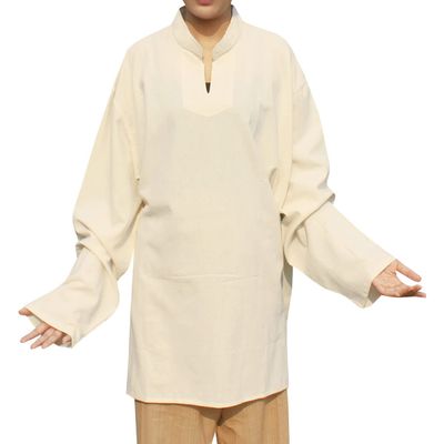 RaanPahMuang Soft Summer Textured Cotton Chinese Collar Long Sleeve Shirt, XX-Large, Cream