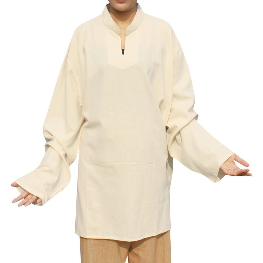 RaanPahMuang Soft Summer Textured Cotton Chinese Collar Long Sleeve Shirt, XX-Large, Cream