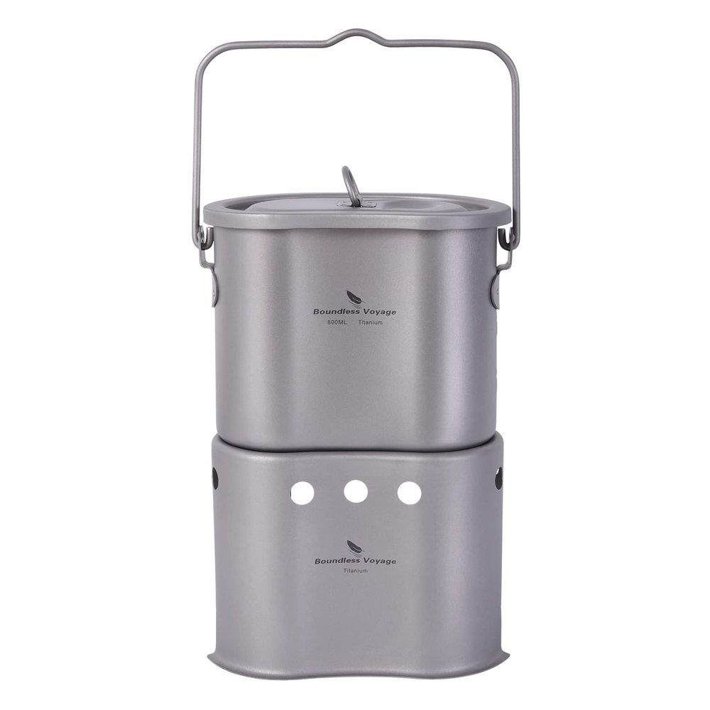 Boundless Voyage Titanium Pot with Wood Stove Set Ultralight Cup Mug with Lid for Outdoor Camping Picnic Hiking Backpacking 800ml/27 fl oz