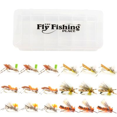 The Fly Fishing Place Fishing Fly Assortment - Foam Body High Visibility Grasshopper Dry Fly Collection with Fly Box - 18 Flies - Hook Size 8 and 10 - Fly Fishing Hoppers
