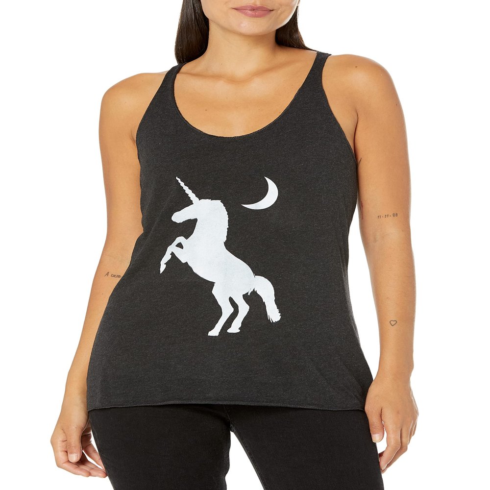 LOST GODS Women's Crescent Moon Unicorn Racerback Tank Top - Black Heather - Small