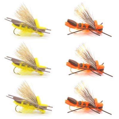 The Fly Fishing Place Guerilla Hopper Fly Fishing Flies Assortment - Orange and Yellow High Visibility Grasshopper or Stonefly Dry Fly - 6 Flies Hook Size 8