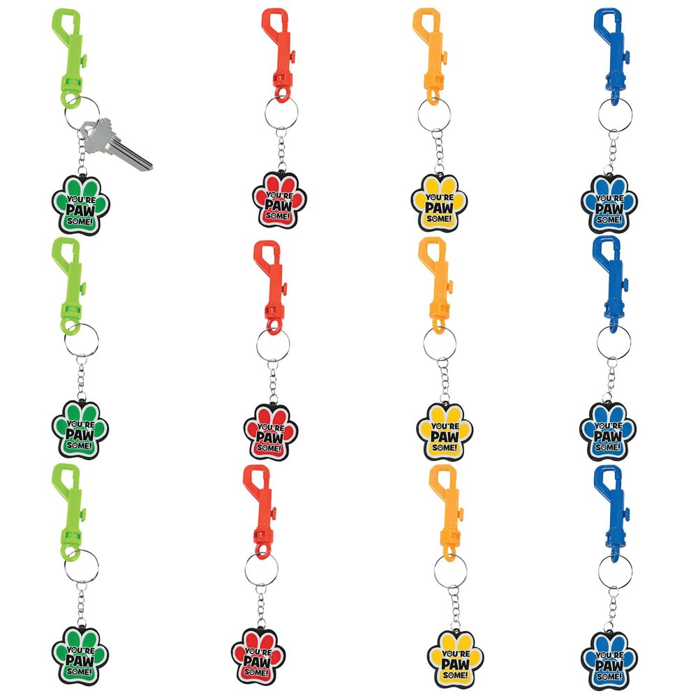 Fun Express Paw Print Backpack Clip Key Chains - 12 Pieces - Party Favors and Giveaways
