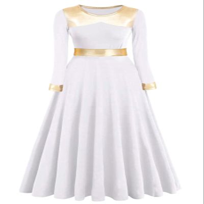 Z&X Women Praise Dance Dress Metallic Gold Liturgical Lyrical Dancewear Full Length Church Robe Worship Costume Tag XL, White