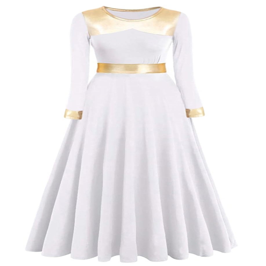 Z&X Women Praise Dance Dress Metallic Gold Liturgical Lyrical Dancewear Full Length Church Robe Worship Costume Tag XL, White