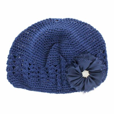 My Lello Little Girl's Crochet Beanie Hat with Shabby Ballerina Flower Navy