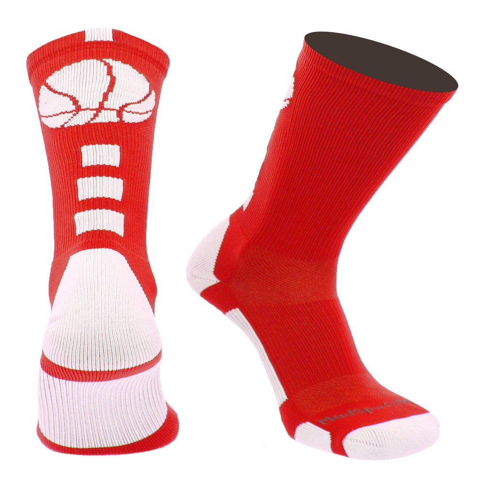 MadSportsStuff Basketball Logo Athletic Crew Socks, Medium - Scarlet/White