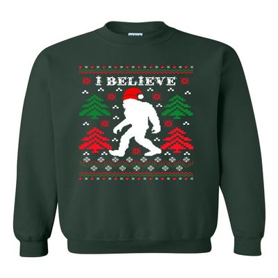 I Believe Sasquatch Big Foot Ugly Funny X-mas Holiday Christmas Crewneck Sweatshirt (XX Large, Forest Green)