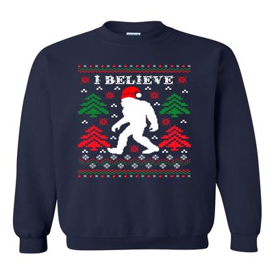 I Believe Sasquatch Big Foot Ugly Funny X-mas Holiday Christmas Crewneck Sweatshirt (X Large, Navy Blue)