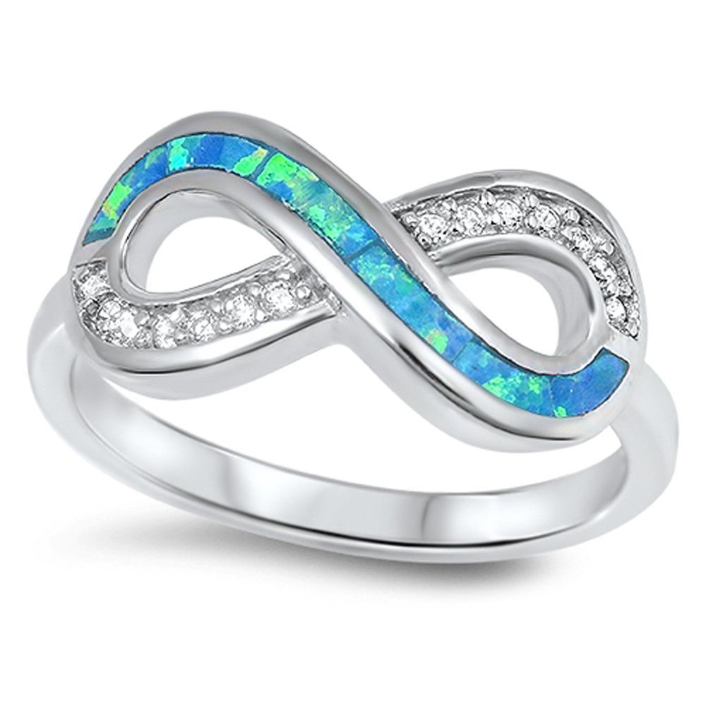 Infinity White CZ Blue Simulated Opal Ring New .925 Sterling Silver Band Size 10