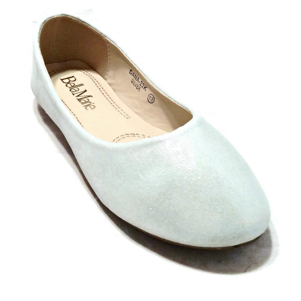 Bella Marie Kids Dress Ballet Flat Slip On Comfortable Ballerina Silver Synthetic Glitter Sparkle Shoes 2 US Little Kid