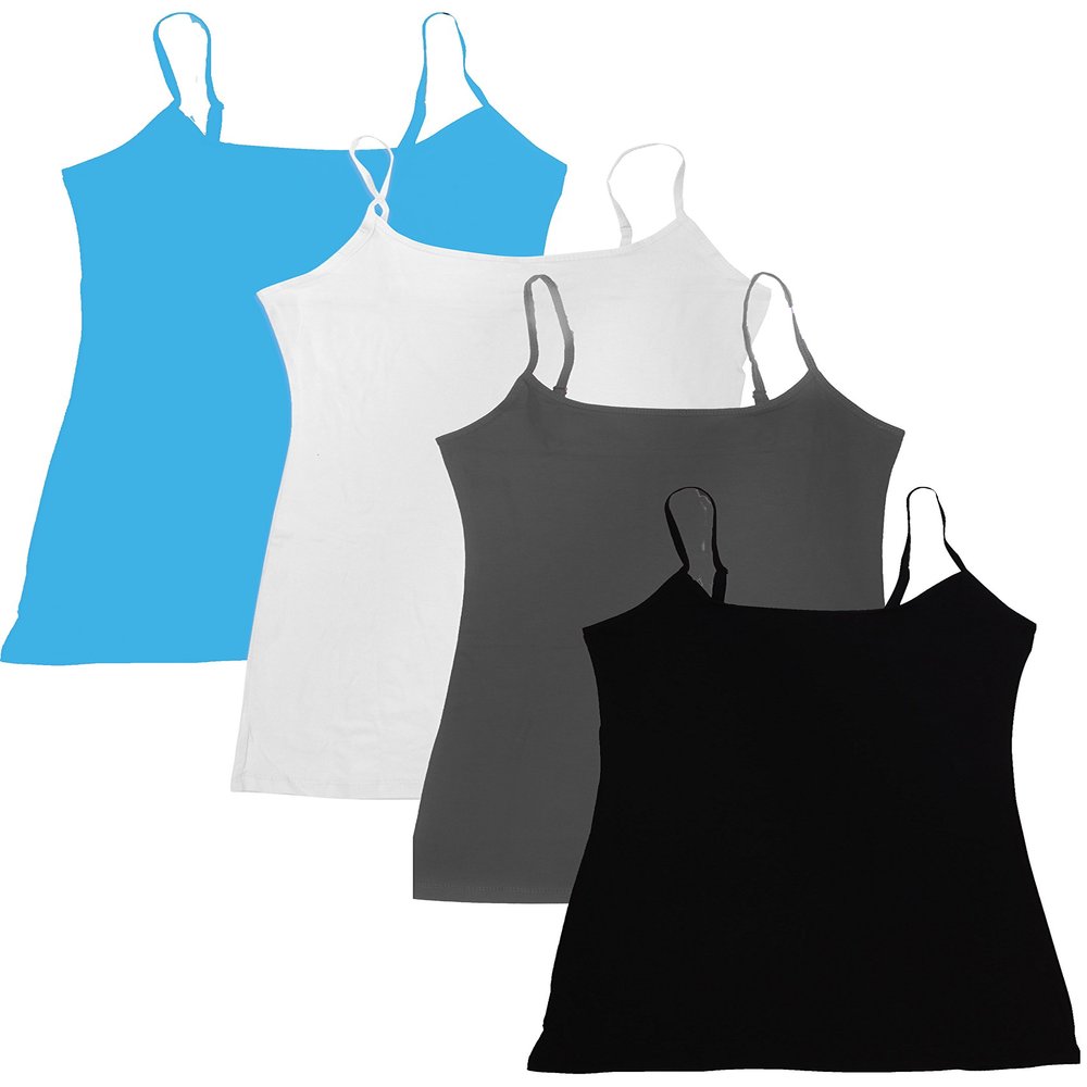 4 Pack: Active Basic Cami Tanks (Large, Blue/White/Charcoal/Black)