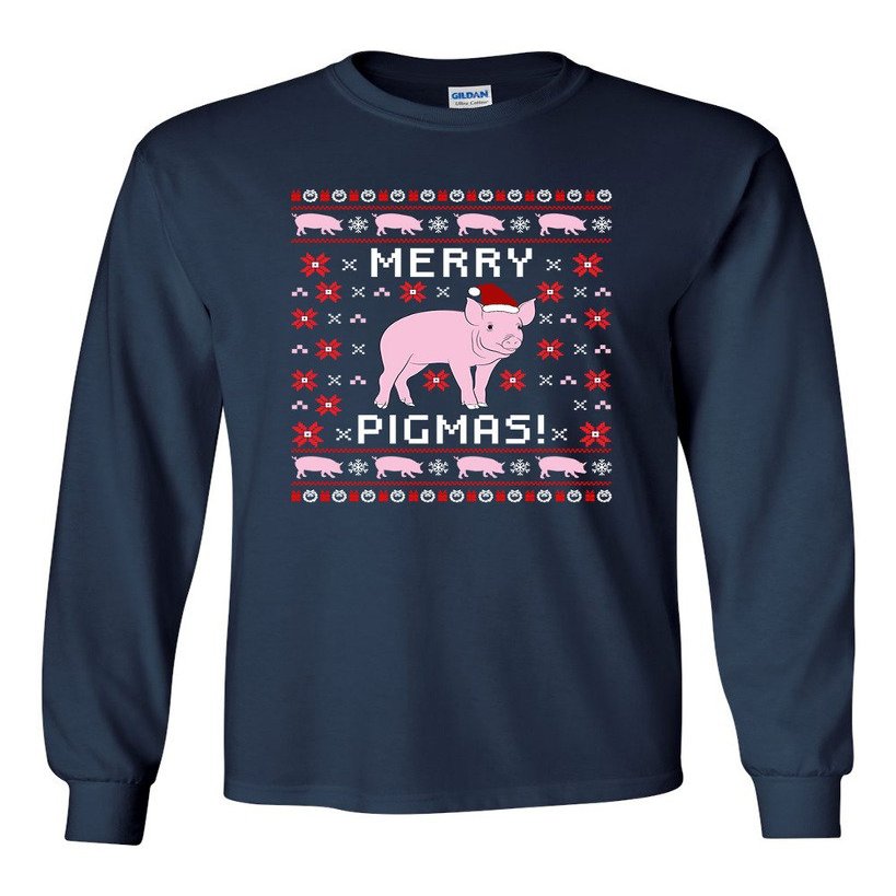 Long Sleeve Adult T-Shirt Merry Pigmas Pig Pet Ugly Christmas Funny Humor DT (Medium, Navy Blue)