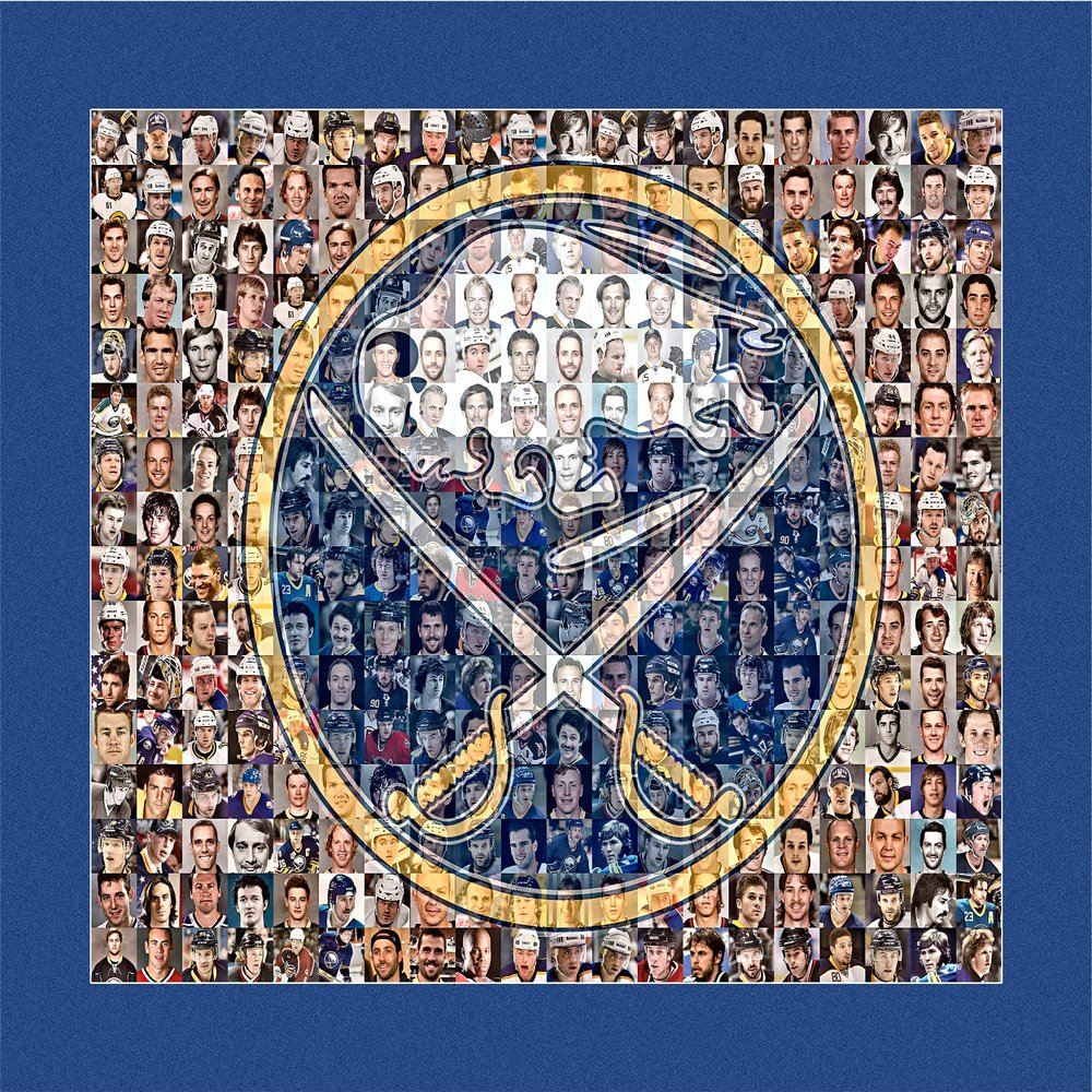 NHL Buffalo Sabres Photo Mosaic Print Designed Using Over 100 Sabre Player Images. 8x10" Matted