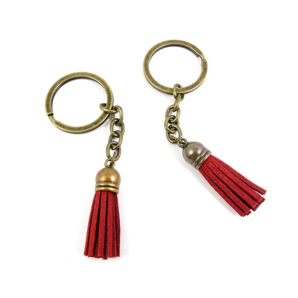2 Pieces Antique Bronze Keychain Key Chain Tags Keyring Ring Jewelry Making Charms Supplies KC0941 Red Wine Tassels
