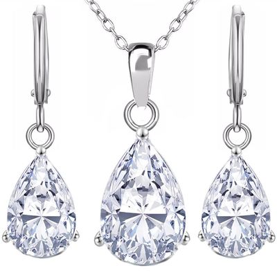 Crystalline Azuria Women 18K White Gold Plated Teardrops White Zirconia Crystals Set Necklace 17.7 inches Dangle Earrings