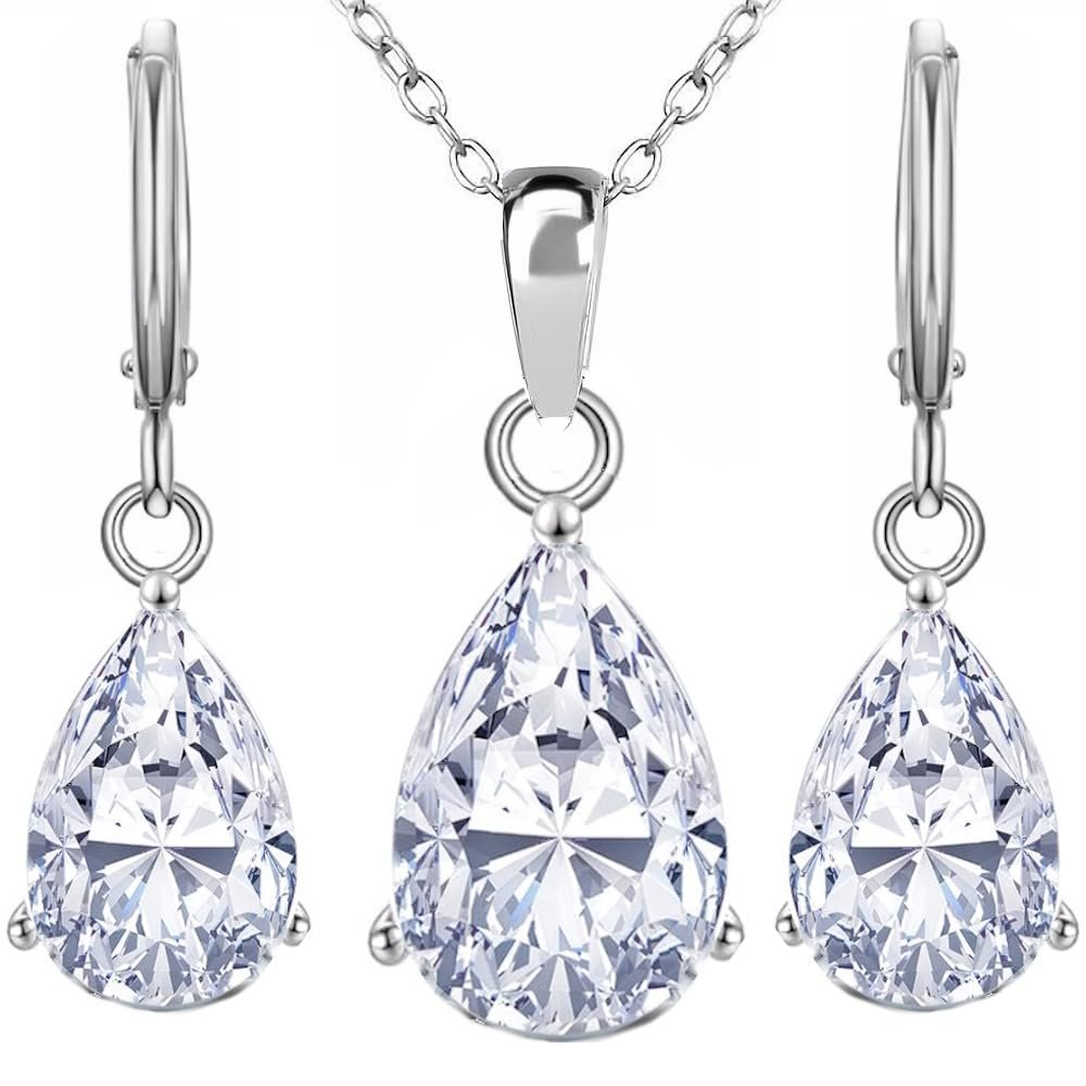 Crystalline Azuria Women 18K White Gold Plated Teardrops White Zirconia Crystals Set Necklace 17.7 inches Dangle Earrings