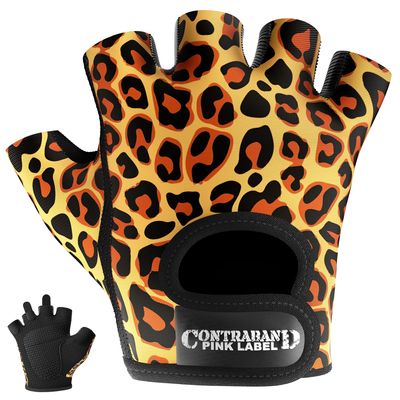 Contraband Pink Label 5297 Womens Design Series Leopard Print Lifting & Rowing Gloves (Pair) - Lightweight Vegan Medium Padded Microfiber Amara Leather w/Griplock Silicone (Orange/Black X-Small)