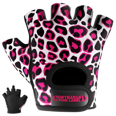 Contraband Pink Label 5297 Womens Design Series Leopard Print Lifting & Rowing Gloves (Pair) - Lightweight Vegan Medium Padded Microfiber Amara Leather w/Griplock Silicone (Pink/White X-Small)