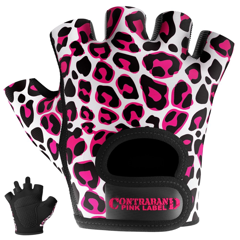Contraband Pink Label 5297 Womens Design Series Leopard Print Lifting & Rowing Gloves (Pair) - Lightweight Vegan Medium Padded Microfiber Amara Leather w/Griplock Silicone (Pink/White Small)