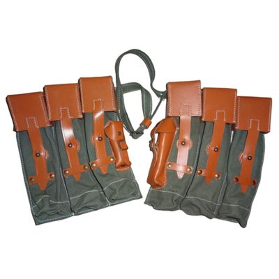 warreplica German WWII MP44 Magazine Pouch Set Reproduction in Web and Leather, Durable Design for Collectors, reenactors, and Display.