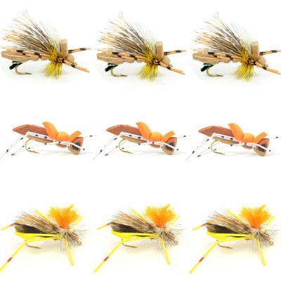 The Fly Fishing Place Grasshopper Trout Fly Assortment, Foam Body, 9 Flies, 3 Patterns, Hook Size 10