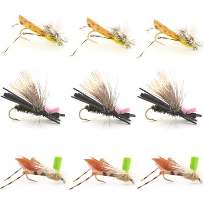 The Fly Fishing Place Dropper Hopper Grasshopper Trout Fly Fishing Flies Assortment Foam Body - 9 Flies 3 Patterns Hook Size 10 - Trout Fly Collection
