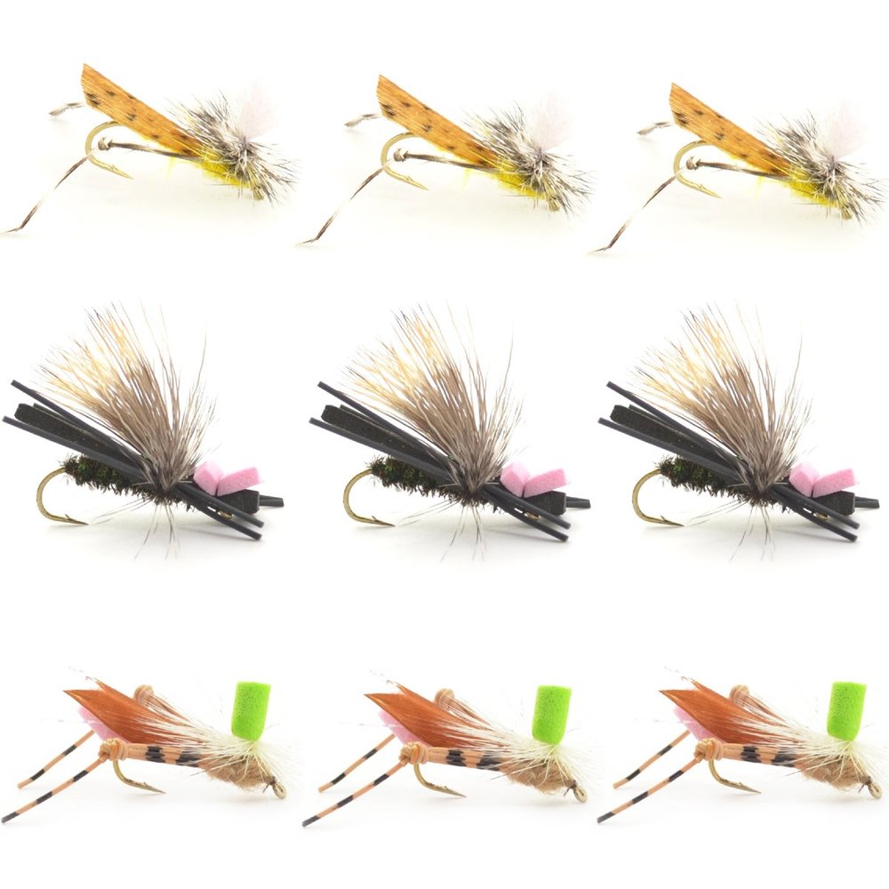 The Fly Fishing Place Dropper Hopper Grasshopper Trout Fly Fishing Flies Assortment Foam Body - 9 Flies 3 Patterns Hook Size 10 - Trout Fly Collection