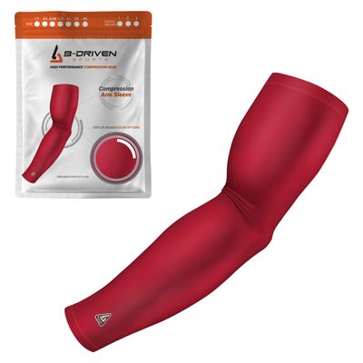B-Driven Sports Pro-Fit Compression Arm Sleeve - Athletic Sports Support for Baseball, Basketball, Football, Softball, Running, Volleyball, Men, Women, Youth - Maroon XXX-S (YTH-STD) (1pc)