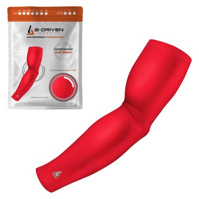 B-Driven Sports Pro-Fit Compression Arm Sleeve - Athletic Sports Support for Baseball, Basketball, Football, Softball, Running, Volleyball, Men, Women, Youth - Red XXX-S (YTH-STD) (1pc)