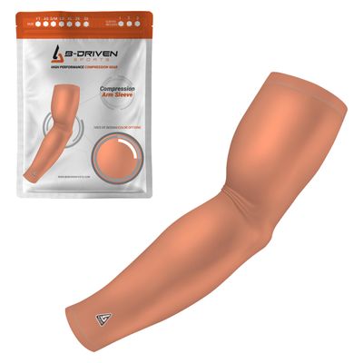 B-Driven Sports Pro-Fit Compression Arm Sleeve - Athletic Sports Support for Baseball, Basketball, Football, Softball, Running, Volleyball, Men, Women, Youth - Light Brown X-L (Adult) (1pc)