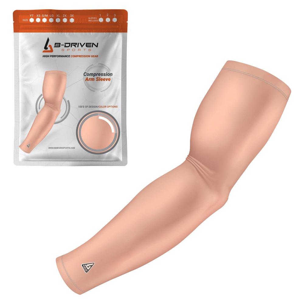 B-Driven Sports Pro-Fit Compression Arm Sleeve - Athletic Sports Support for Baseball, Basketball, Football, Softball, Running, Volleyball, Men, Women, Youth - Nude XXX-S (YTH-STD) (1pc)