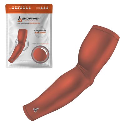 B-Driven Sports Pro-Fit Compression Arm Sleeve - Athletic Sports Support for Baseball, Basketball, Football, Softball, Running, Volleyball, Men, Women, Youth - Brown S/M (Adult) (1pc)
