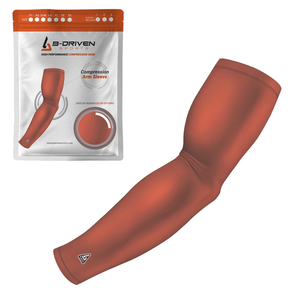 B-Driven Sports Pro-Fit Compression Arm Sleeve - Athletic Sports Support for Baseball, Basketball, Football, Softball, Running, Volleyball, Men, Women, Youth - Brown S/M (Adult) (1pc)