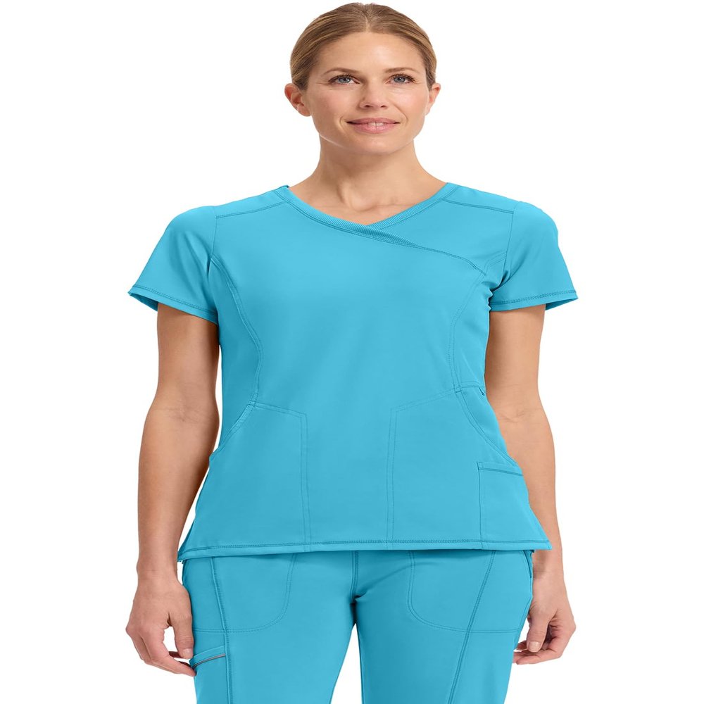 Cherokee Infinity Womens Mock Wrap Scrub Top, 4 Pockets, Rib-Knit Panel, Moisture-Wicking 360 Stretch - 2625A, L, Turquoise